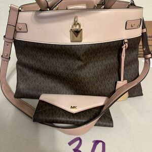 Michael Kors Brown and Pink MK Logo Shoulder Tote